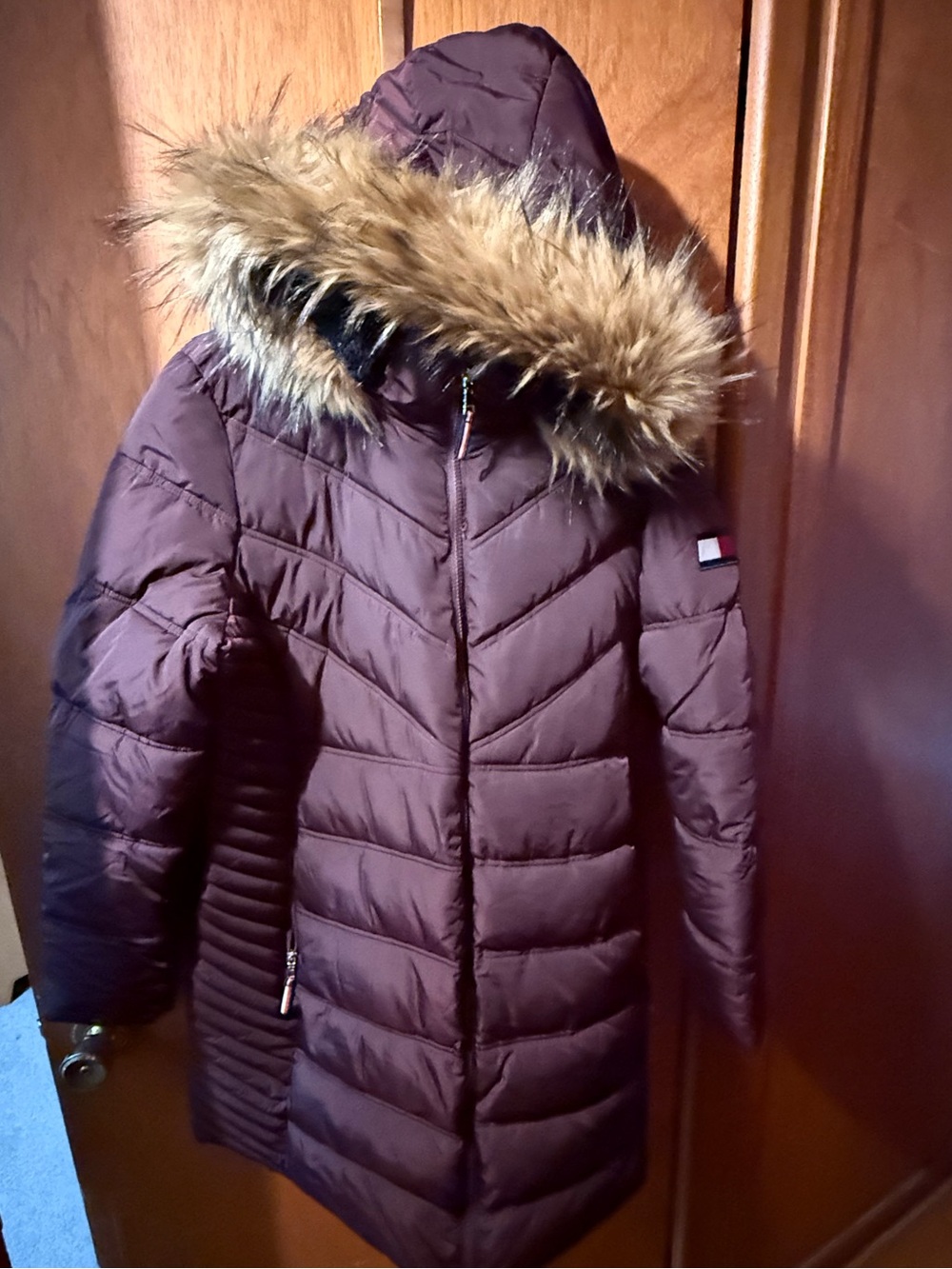 Tommy Hilfiger Women's Maroon/plum Hooded Quilted Puffer with Faux Fur Trim